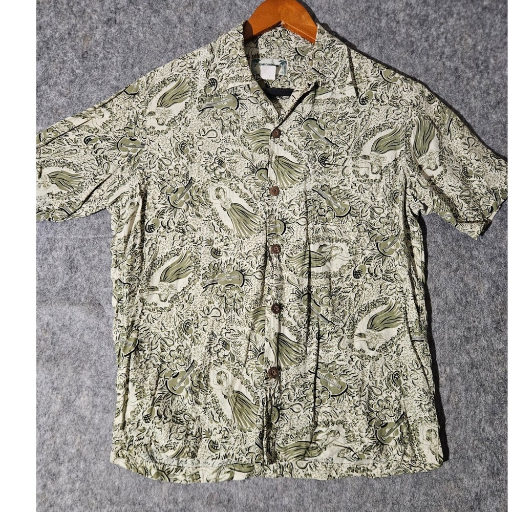 Kamehameha Hawaiian Shirt Men S Green Hula Ukulele Rayon 11401 Made In Hawaii